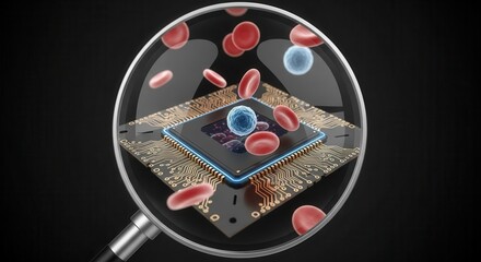 Poster - Medical Technology Concept. Digital illustration of blood cells on a microchip under magnification.