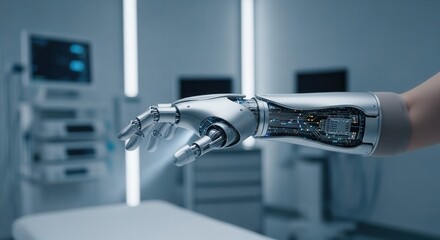 Poster - Medical Technology Concept. Robotic arm in a high-tech medical environment.