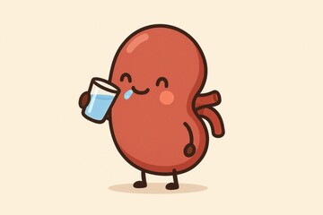 Poster - Cute Cartoon Kidney Character Happily Drinks Water in a Cheerful Setting, Promoting Hydration and Health Awareness During a Sunny Day