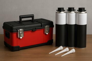Poster - Tool Box With Paint Cans and Applicators Arranged on a Wooden Surface in a Workshop Setting