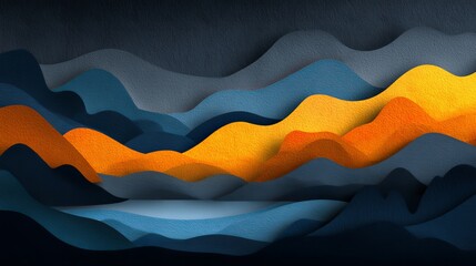 Poster - Abstract Paper Cut Landscape, Warm Amber and Golden Yellow Waves, Nature Inspired Layered Design