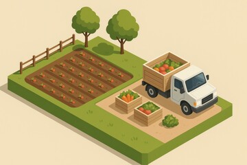 Poster - Fresh Harvest Loaded in Truck Beside Flourishing Vegetable Garden and Crates Under Sunny Sky