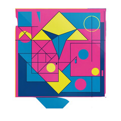 Poster - Abstract geometric art print design with triangles circles and squares in pink blue and yellow colors style