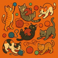 Aufkleber - Playful Cats Engaged in Yarn Activities on a Vibrant Orange Background Showcasing Their Fun and Playful Nature