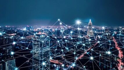 Poster - City skyline at night showcases urban life and tech, as digital connections light up the structures