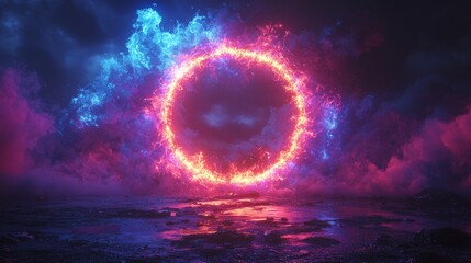 Poster - A 3D alien space object from a sci-fi setting, featuring a glowing energy light and a central sphere, isolated on a black background with a colorful appearance
