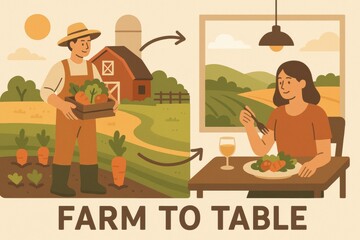 Poster - farm to table concept showcasing the journey of fresh produce from harvesting to dining, highlightin