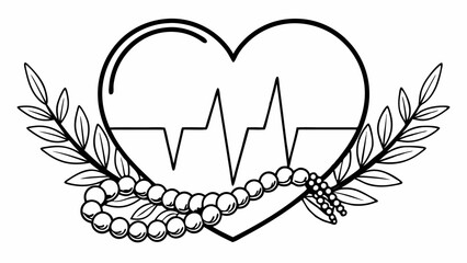 Poster - Heart outline with heartbeat line, beads, and leaves in a black and white vector illustration design created with generated ai