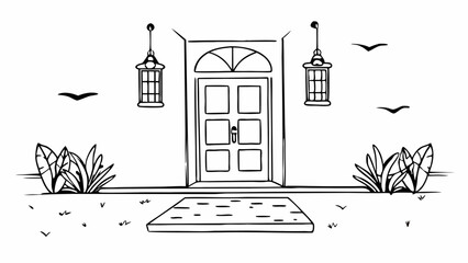 Poster - hand drawn illustration of a house entrance with door plants lanterns and flying birds in black and 