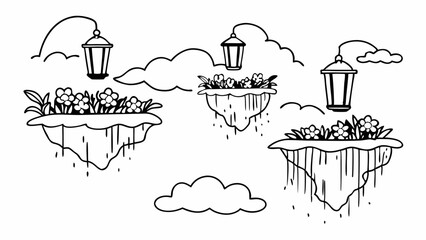 Poster - Floating islands with flowers and lanterns in a whimsical black and white line art illustration created with generated ai
