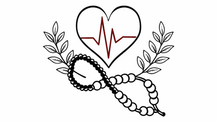 Poster - Heart symbol with pulse line above beaded infinity symbol and foliage on either side in black and white created with generated ai