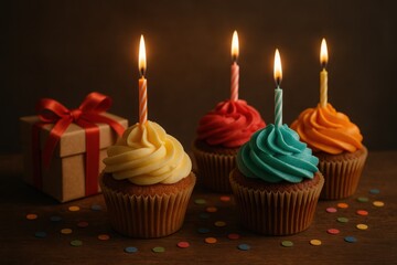 Poster - Four Colorful Cupcakes With Burning Candles and a Gift Box on a Wooden Table Decorated With Confetti