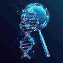 Poster - 3D DNA double helix with magnifying glass digital wireframe mesh illustration of genetic research and molecular analysis glowing blue technology background