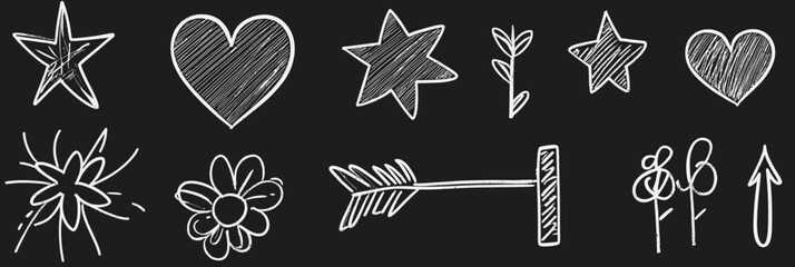 Poster - Hand drawn chalkboard style doodle set with stars hearts arrows flower shapes decorative sketch vector illustration in white line art on black background