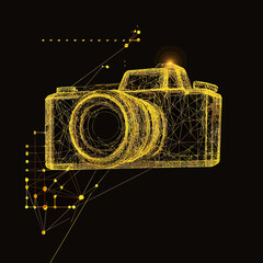 Poster - Low poly wireframe digital camera illustration in glowing gold lines with polygonal nodes and network connections on black background technology concept