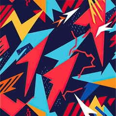 Poster - Dynamic abstract background with colorful sharp triangles, zigzag lightning patterns, arrows, and geometric shapes in flat minimalist vector style for textiles and paper printing