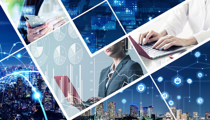 Fototapete - Collage of various business concepts. Wide angle visual for banners or advertisements.