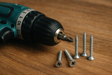 Aufkleber - Electric Drill and Screws on Wooden Surface in a Home Improvement Setting During Daytime