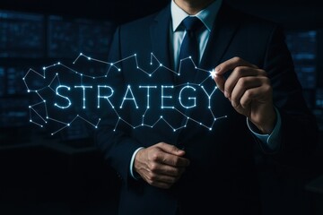 Poster - In a dimly lit control room a businessman demonstrates strategy and decision-making as key elements driving business innovation and growth