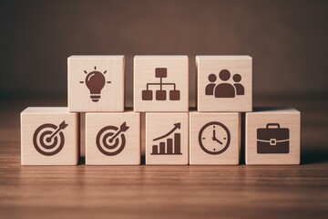 Poster - Neatly arranged wooden blocks featuring business icons symbolize strategy innovation and teamwork driving effective decision-making and growth