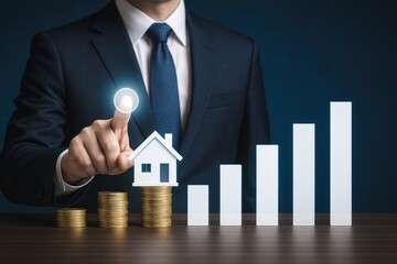 Poster - A businessman demonstrates strategic decision-making by pressing a button that symbolizes growth and innovation in real estate investment and property management