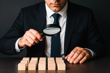 Poster - A business professional carefully examines a strategic arrangement wooden blocks emphasizing decision-making and analytical insight for organizational growth