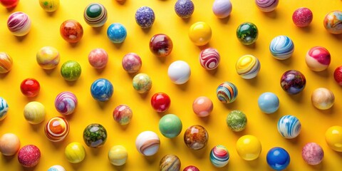 Wall Mural - Colorful Marble Balls on Yellow Background Abstract Pattern, artistic vision, geometrical shapes