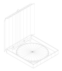 Poster - A box with a Pizza on it. The Pizza is drawn in black and white. The box is open and the Pizza is inside