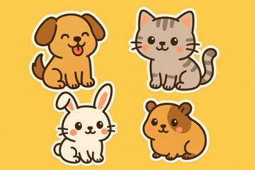 Poster - Cute Cartoon Animals Including a Dog, Cat, Rabbit, and Hamster on a Yellow Background With Cheerful Expressions and Playful Poses