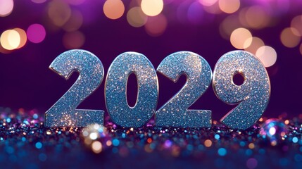 Wall Mural - sparkling silver glitter 2029 new year celebration banner on vibrant bokeh background