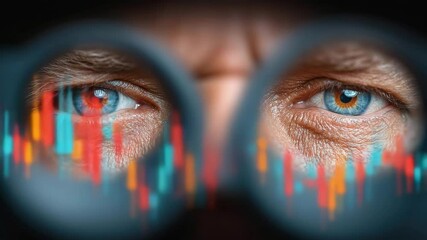 Poster - A pair of focused eyes looks through binoculars at colorful financial graphs, symbolizing market analysis and observation.