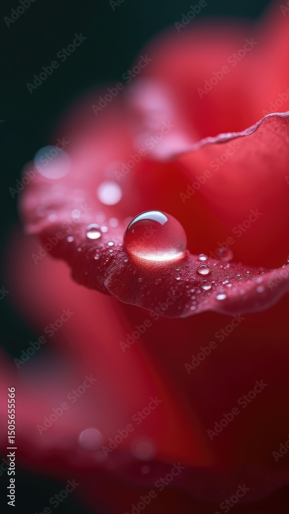 Close-up of dew on red rose petals captures nature's fragile beauty.