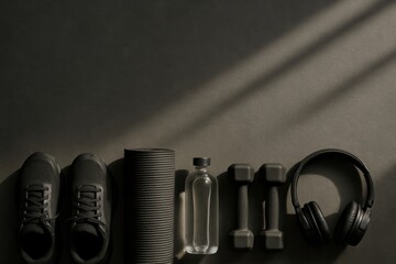 Poster - Exercise Equipment Arranged Neatly on a Dark Surface With Light Casting Shadows in a Gym Setting During Morning Hours