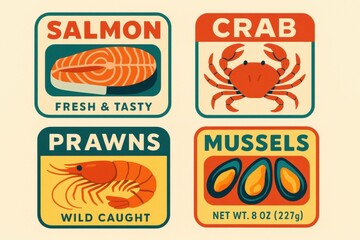 Poster - Fresh Seafood Selection Featuring Salmon, Crab, Prawns, and Mussels in a Colorful Market Display