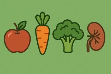 Poster - Illustration Featuring Healthy Food Items Promoting Nutrition and Wellness With an Apple, Carrot, Broccoli, and Kidney Bean on a Green Background