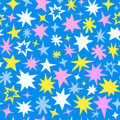Fototapete - Fun Stars Seamless Pattern. Cool Shine Sparkle Backgorund. Cute Doodle Hand Drawn Organic Shapes Art.