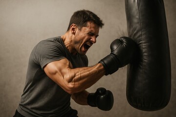 Aufkleber - Boxer Training With Heavy Bag in a Gym, Showcasing Strength and Dedication During Workout Session
