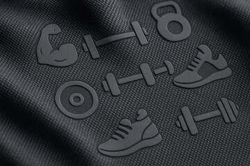 Poster - Fitness Icons Displayed on a Textured Surface Highlighting Gym Equipment and Athletic Footwear in a Workout Environment