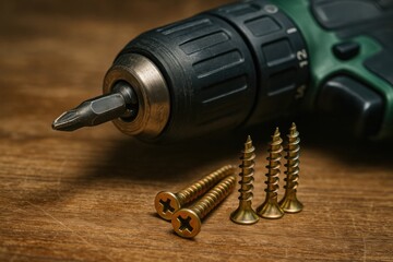 Aufkleber - Detailed View of a Power Drill Beside Various Brass Screws on a Wooden Surface Showcasing a DIY Project Setup