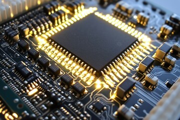 Aufkleber - Circuit board with microchips and white LED lighting background