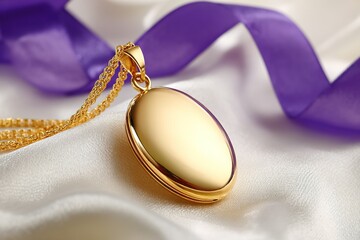 Poster - Beautiful gold locket with chain resting on soft fabric surrounded by elegant ribbons and soft light