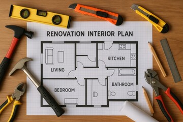 Poster - Interior Renovation Plan With Tools and Layout Ideas for Living Spaces and Kitchen Design