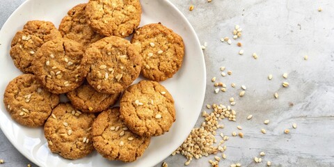 Aufkleber - A plate of homemade cookies with sesame seeds and a light sprinkle of sesame seeds on the counter