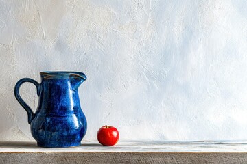 Poster - Blue pitcher with a bright red apple on a wooden shelf against a textured wall