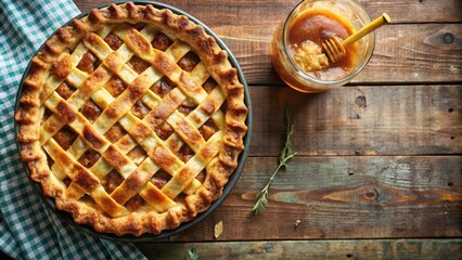 Poster - A Golden Brown Pie with a Lattice Crust Served with a Side of Honey on a Rustic Wooden Table