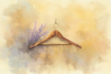 Poster - Wooden hanger with lavender against a soft textured backdrop in pastel colors creating a calming atmosphere