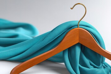 Poster - Turquoise scarf draped elegantly over a wooden hanger with soft fabric textures