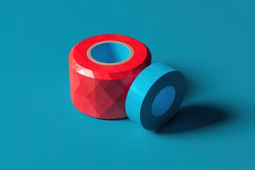 Poster - Brightly colored rolls of adhesive tape resting on a vibrant blue surface with distinct shadows creating depth