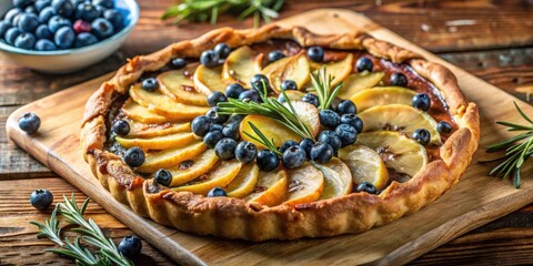 Poster - A Homemade Apple Tart With Fresh Blueberries And Rosemary Garnish On A Rustic Wooden Cutting Board