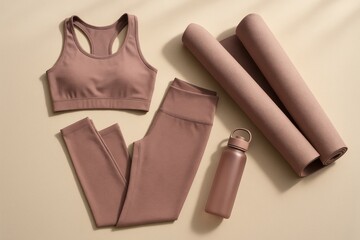 Poster - High-quality Workout Gear Including a Sports Bra, Leggings, Water Bottle, and Yoga Mats for Fitness Enthusiasts in a Modern Setting